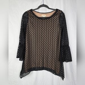 Brittany Black Crochet Bell Sleeve Witchy Grunge Lagenlook Tunic Top sz S